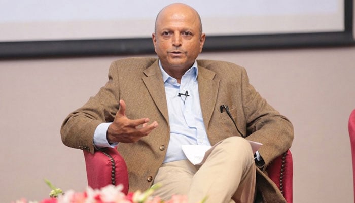 Geo News Managing Director Azhar Abbas gestures during an event. — Geo News/File