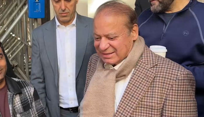 Former prime minister and Pakistan Muslim League-Nawaz (PML-N) President Nawaz Sharif interacts with his supporters in London. — X/@MurtazaViews/File