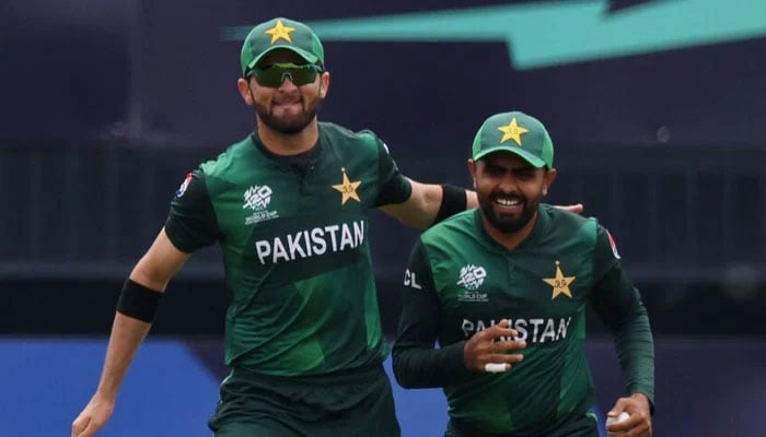 Pakistans Babar Azam celebrates with Shaheen Shah Afridi after taking the wicket of Indias Rishabh Pant in a match of the ICC T20 World Cup 2024 at Nassau County International Cricket Stadium, New York, United States on June 9, 2024. — Reuters