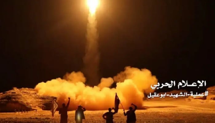 A file image grab taken from a video handed out by Yemens Houthi rebels shows what appears to be Houthi military forces launching a ballistic missile, reportedly from the capital, Sanaa.— AFP/File