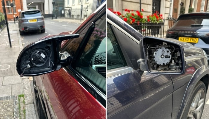 The broken side mirrors of former prime minister Nawaz Sharif in London. — X@KhurramGB