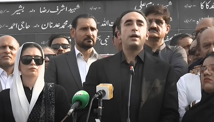 Pakistan Peoples Party (PPP) Chairman Bilawal Bhutto Zardari addresses the event marking the anniversary of the Karsaz tragedy in Karachi, October 18, 2026. — Screengrab via Geo News