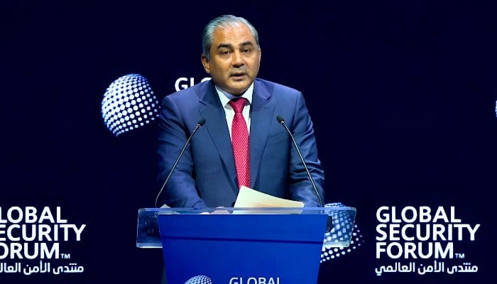 Interior Minister Mohsin Naqvi addresses Global Security Forum in Doha, Qatar, on October 19, 2026. — X/@GSECForum