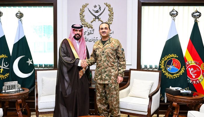 Saudi Arabias newly appointed ambassador to Pakistan Dr Rajeh Tami Albugamy calls on Chief of Defence Forces (CDF) and Chief of Army Staff (COAS) Field Marshal Syed Asim Munir at the General Headquarters in Rawalpindi on October 19, 2026. — ISPR