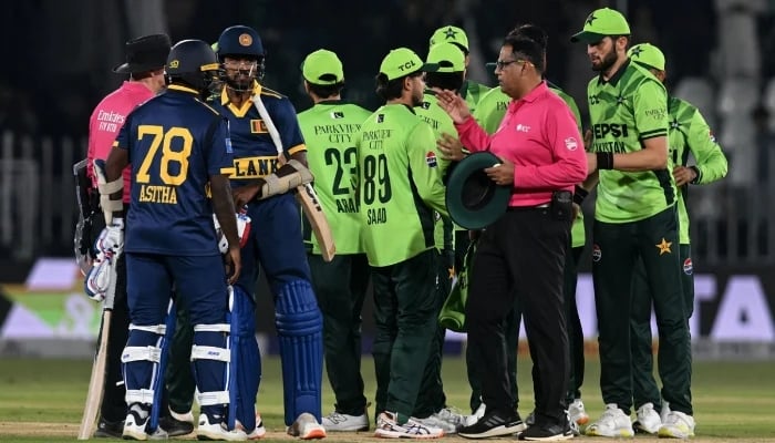 Players from Pakistan and Sri Lanka shake hands following the first match of the ODI tri-nation series at the Rawalpindi Cricket Stadium in Rawalpindi, Pakistan, on October 18, 2026. — PCB