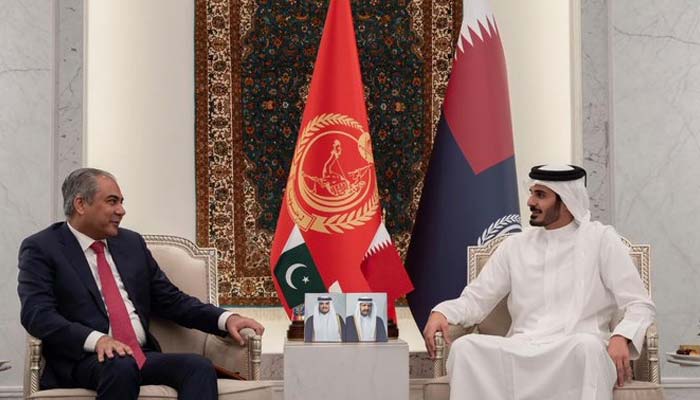 Interior Minister Mohsin Naqvi meets Qatari counterpart Sheikh Khalifa bin Hamad bin Khalifa Al Thani in Doha on Oct 20, 2026. — X@MOIofficialGoP