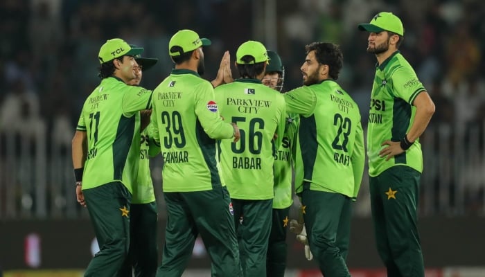 Pakistani players celebrate after taking a wicket during the second match of the ODI tri-series against England at Rawalpindi Cricket Stadium on October 20, 2026. — PCB