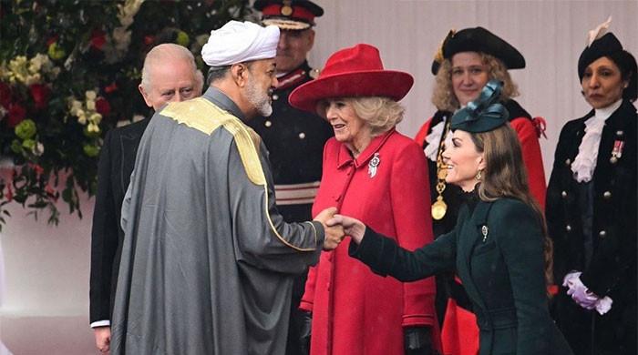Princess Kate's graceful curtsy brings colour to rainy royal welcome