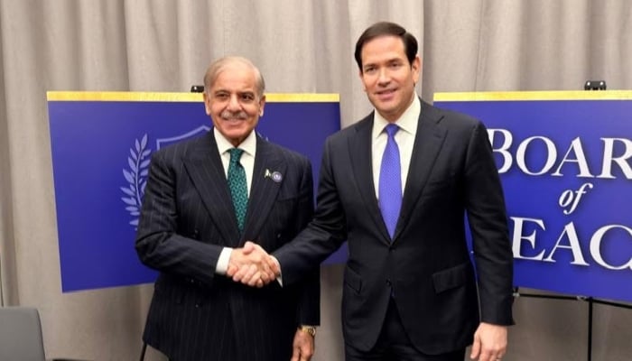 Prime Minister Shehbaz Sharif (left) meets US Secretary of State Marco Rubio on the sidelines of the inaugural meeting of Board of Peace Washington, February 20, 2026. — Facebook/Government of Pakistan