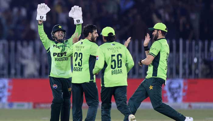 Pakistan players celebrate the dismissal of Englands Adil Rashid on October 20, 2026. — Reuters