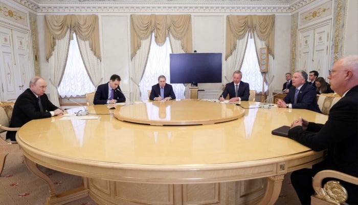 Russian President Vladimir Putin, US special envoy Steve Witkoff and other officials attend a meeting at the Constantine Palace in Saint Petersburg, Russia, October 21, 2026. — Reuters