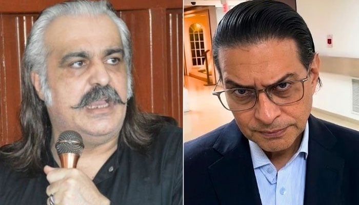 This collage of pictures shows Pakistan Tehreek-e-Insaf leaders Ali Amin Gandapur (left) and Salman Akram Raja. — Facebook/AliAminKhanGandapurPti/YouTube/Geo News/File