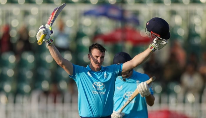 Englands captain Harry Brook celebrates after scoring a century during the one-day international (ODI) tri-series cricket match between England and Sri Lanka at the Rawalpindi Cricket Stadium in Rawalpindi on October 22, 2026. — PCB