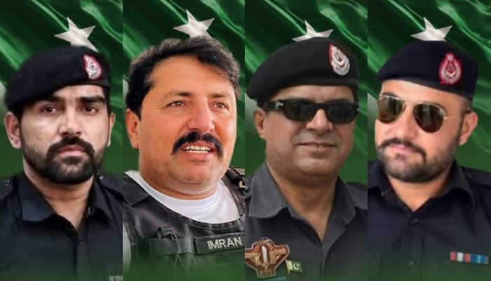 This collage shows, from left to right, martyred Havaldar Kazim, CTD DSP Imran Ud Din Khan, Sub-Inspector Afzal Awan, and Head Constable Amjad. — Geo News