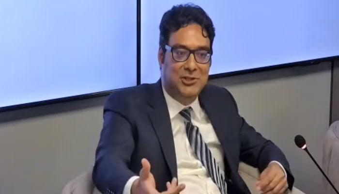 Barrister Salahuddin Ahmed is addressing a seminar in Islamabad on September 10, 2026. — Screengrab via YouTube/@IPRI