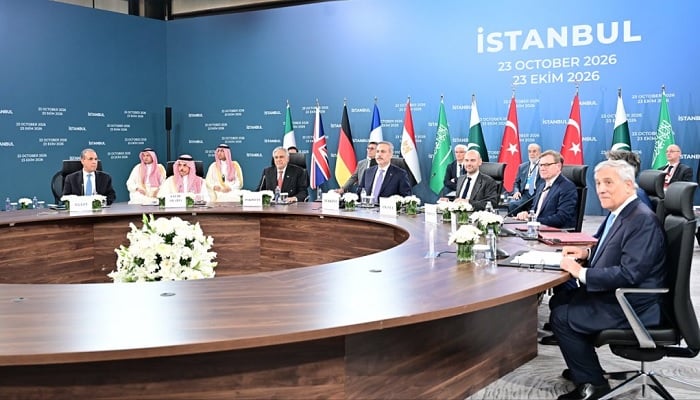 Deputy Prime Minister and Foreign Minister Senator Ishaq Dar attends the inaugural R4 meeting in Istanbul on October 23, 2026, alongside the foreign ministers of Türkiye, Saudi Arabia and Egypt, and their counterparts from France, Germany, Italy and the UK. — X/@ForeignOfficePk