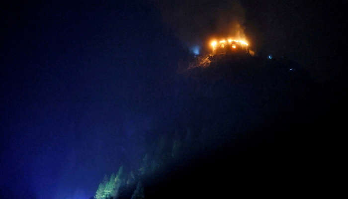 Smoke and fire rise following a fire incident at the Kehlsteinhaus, the Eagles Nest, in Berchtesgaden, Bavaria, Germany, in this handout image released October 24, 2026.— Reuters
