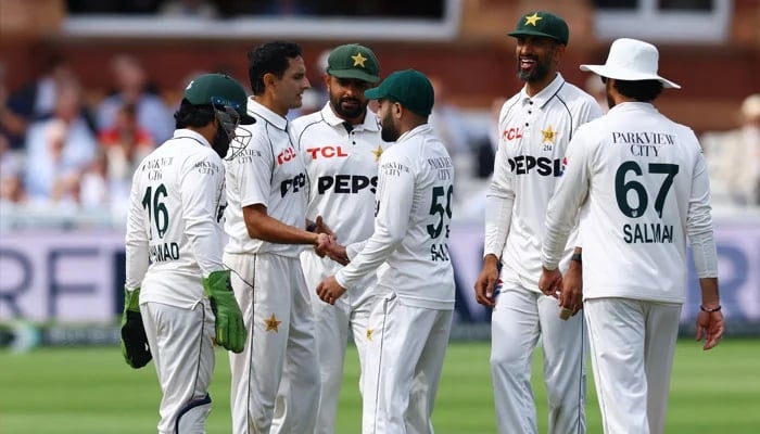 Pakistans Mohammad Abbas (second from left) celebrates taking a wicket with teammates during the fourth day of their second Test against England at Lords in London on August 30, 2026. — Reuters