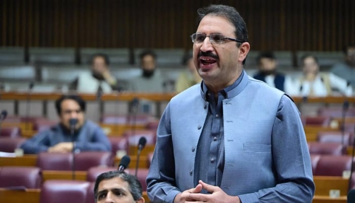 PTI KP President and MNA Junaid Akbar speaks during a National Assembly session on April 3, 2026. — Facebook/NationalAssemblyOfPakistan