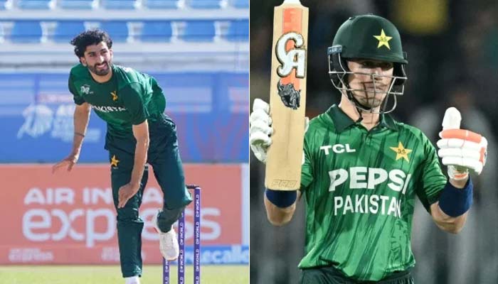 The collage features Pakistan spinner Sufiyan Muqeem (left) and Maaz Sadaqat. — ACC/PCB