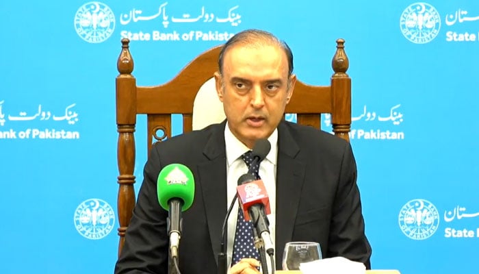 SBP Governor Jameel Ahmed is addressing the media following Monetary Policy Committee meeting in Karachi on October 26, 2026. — Screengrab via Geo News