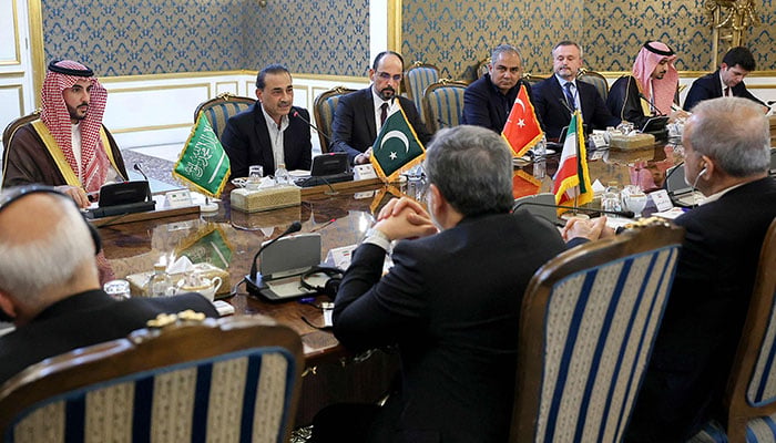 This handout picture provided by the Iranian presidency shows (L to R) Saudi Arabias Defence Minister Prince Khalid bin Salman Al-Saud, Chief of Defence Forces Field Marshal Syed Asim Munir, and Turkeys intelligence chief Ibrahim Kalin during their meeting with Irans President, Foreign Minister, and National Security Council head in Tehran on October 26, 2026. — AFP