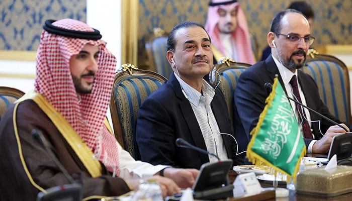 This handout picture provided by the Iranian presidency shows (L to R) Saudi Arabias Defence Minister Prince Khalid bin Salman Al-Saud, Chief of Defence Forces Field Marshal Syed Asim Munir, and Turkiyes intelligence chief Ibrahim Kalin during their meeting with Irans president, foreign minister, and National Security Council head in Tehran on October 26, 2026. — AFP