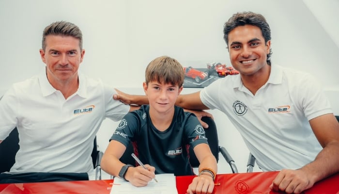 British-Pakistani racing driver and motorsport entrepreneur Enaam Ahmed (right) pictured with his protege Daniel Miron Lorente (centre) in this undated image. — Insatgram/daniel.mironlorente