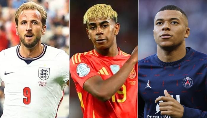 A combo photo shows England forward Harry Kane (L), Spain winger Lamine Yamal (C), and France star Kylian Mbappe R. — Reuters