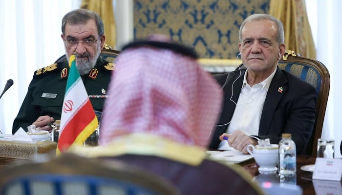 Iranian President Masoud Pezeshkian and Secretary of Irans Supreme National Security Council Mohsen Rezaei during a meeting with the chief of the Defence Forces of Pakistan, Field Marshal Asim Munir, Saudi Arabias Defence Minister Prince Khalid bin Salman and Turkish intelligence chief, Ibrahim Kalin in Tehran, Iran, October 26, 2026. — Reuters