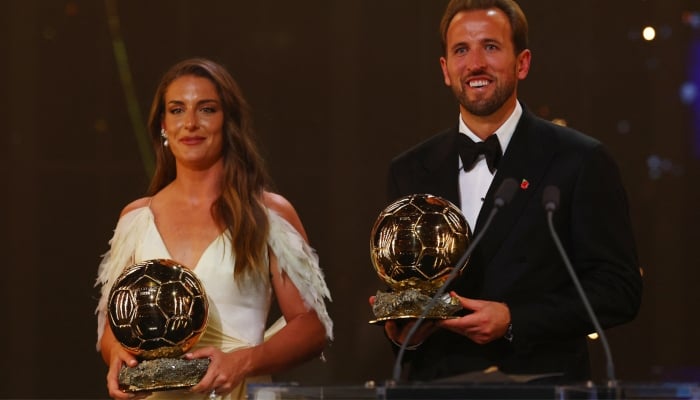 London City Lionesses Alexia Putellas poses with Bayern Munichs Harry Kane after winning the Ballon dOr awards at London Palladium, London on October 26, 2026. — Reuters