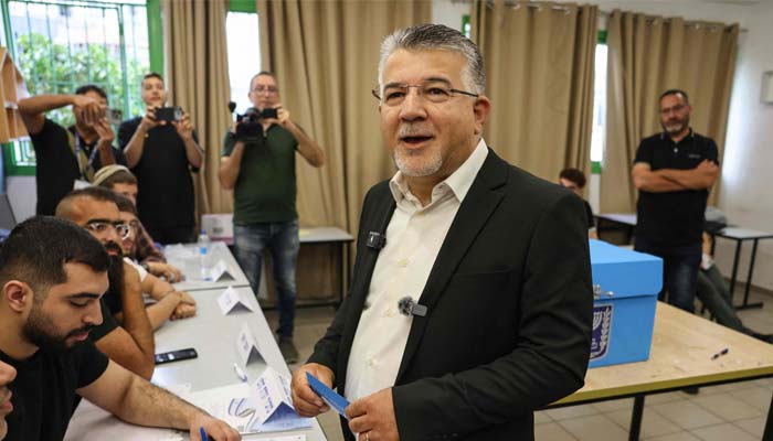 Yousef Jabareen, leader of Israels Arab-led Joint List political alliance, reacts after casting his ballot to vote at a polling station in the Arab-Israeli town of Umm al-Fahm on October 27, 2026. — AFP