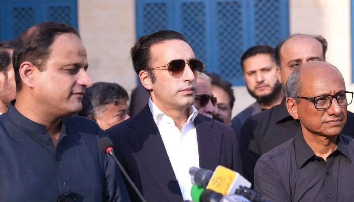 PPP Chairman Bilawal Bhutto-Zardari interacts with the media at Spencer Eye Hospital in Karachi’s Lyari on October 27. — X/MediaCellPPP