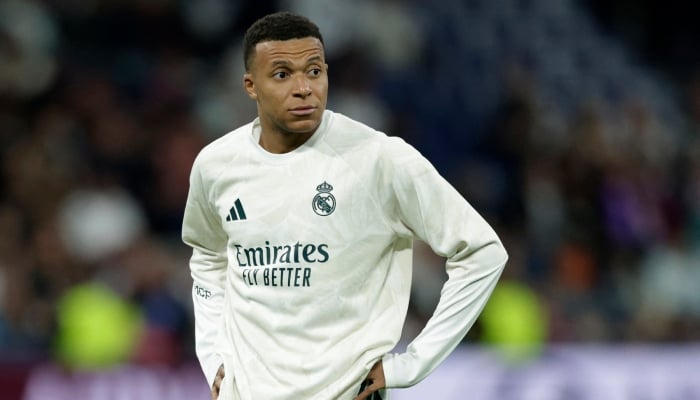 Real Madrids Kylian Mbappe during the warm-up before a UEFA Champions League match against RB Leipzig at Estadio Bernabeu, Madrid, Spain, on October 21, 2026. — Reuters