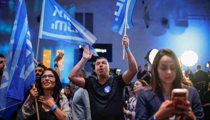Supporters of former military chief Gadi Eisenkot, leader of the Yashar party, react to the exit poll at his party headquarters, on the evening of Israels national election, in Tel Aviv, Israel October 27, 2026. — Reuters