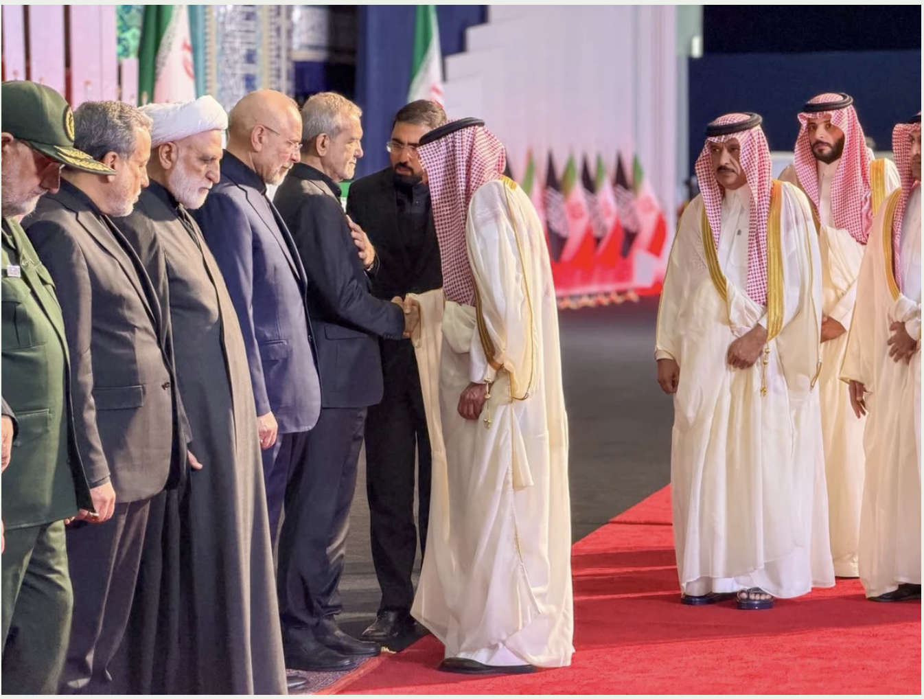 Saudi Arabia’s Deputy Foreign Minister Waleed Elkhereiji shakes hands with Iranian President Masoud Pezeshkian. — Saudi Foreign Ministry