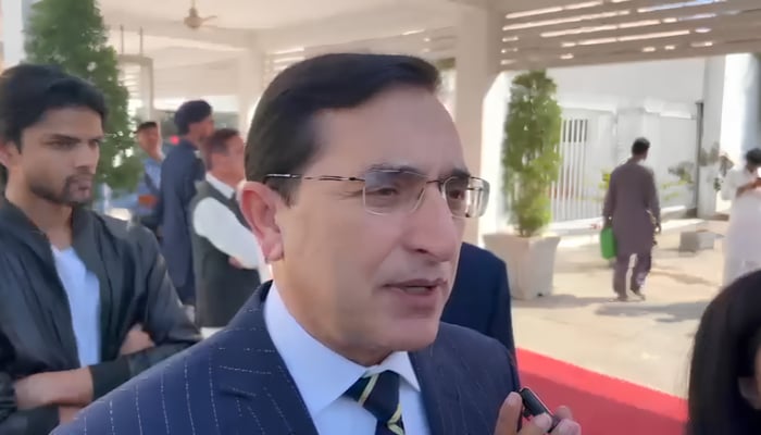 PTI Chairman Barrister Gohar Ali Khan speaks to reporters outside Parliament in Islamabad, on October 28, 2026. — Geo News