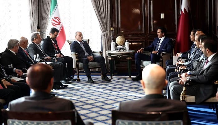 Iranian President Masoud Pezeshkian meets with Qatars Emir Sheikh Tamim bin Hamad Al Thani in Moscow, Russia, October 27, 2026. — Reuters
