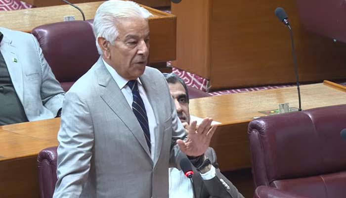 Defence Minister Khawaja Asif speaks during National Assembly session on October 29, 2026. — Screengrab via Geo News