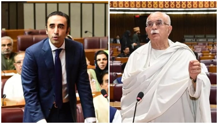 Pakistan Peoples Party Chairman Bilawal Bhutto Zardari (left) and Opposition Leader in the National Assembly Mahmood Khan Achakzai address a session of the National Assembly. — National Assembly/File